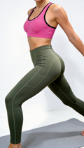 High Waist Yoga Leggings with Pockets - Olive Green