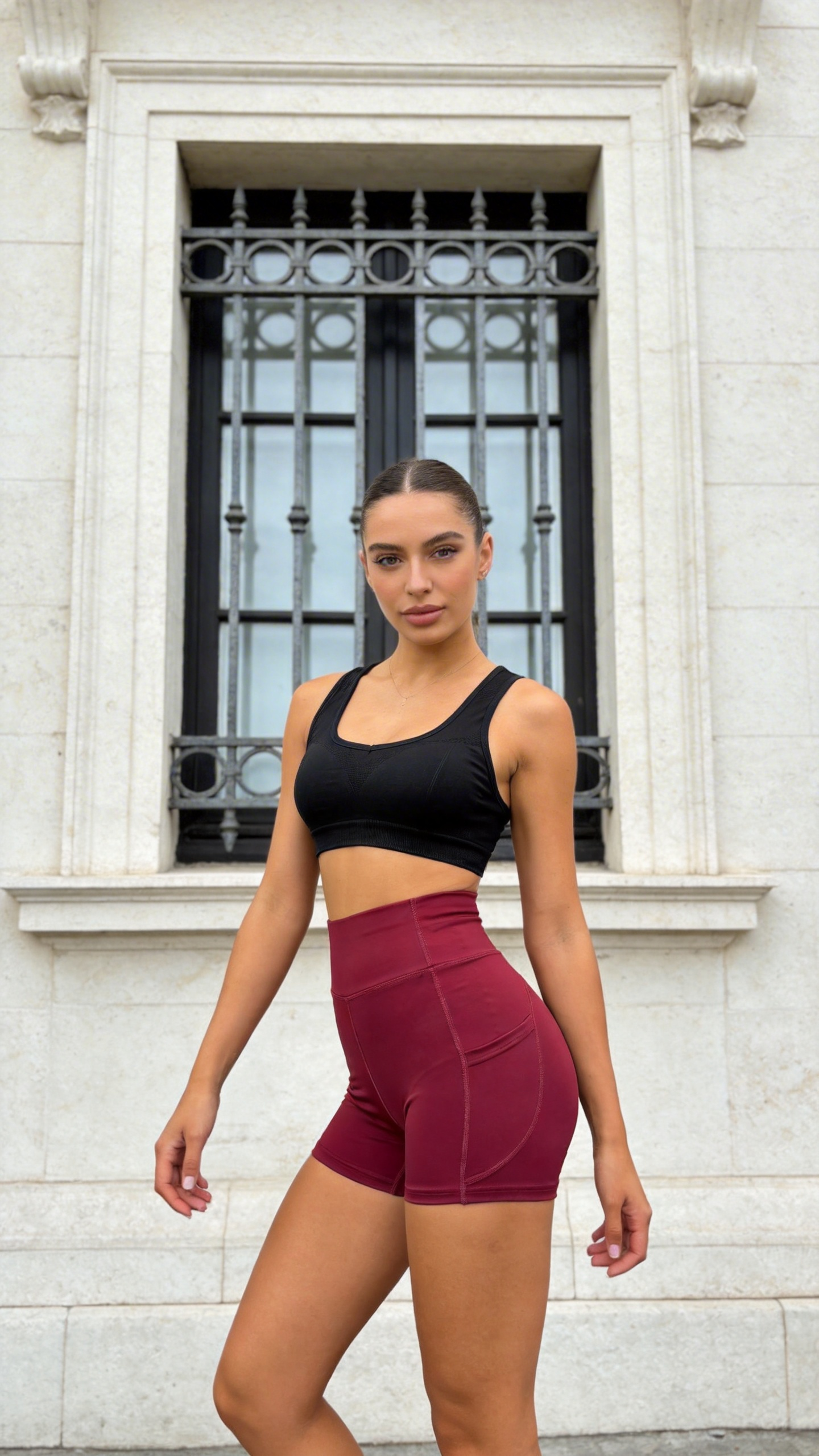High-Waist Burgundy Yoga Shorts with Side Pockets