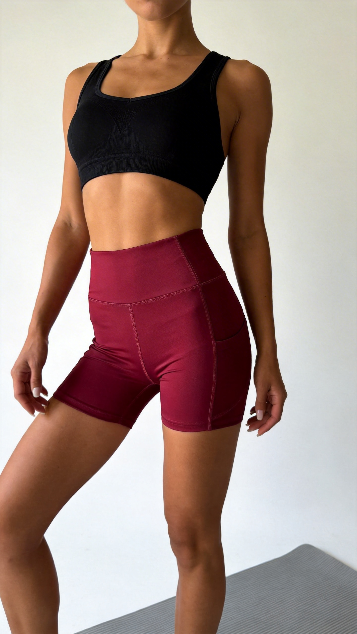 High-Waist Burgundy Yoga Shorts with Side Pockets