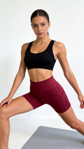 High-Waist Burgundy Yoga Shorts with Side Pockets